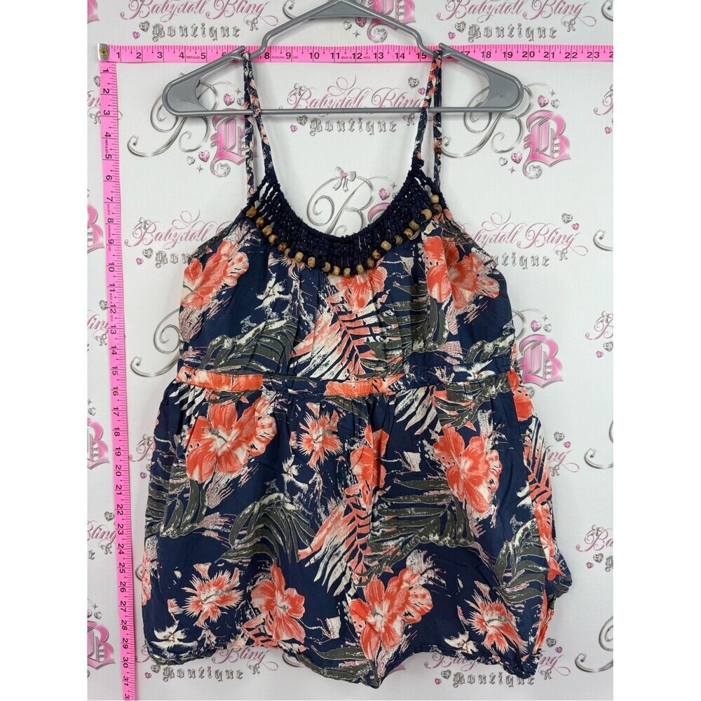 AE sport tank top Navy Floral Beaded Trim Spaghetti Strap Tank